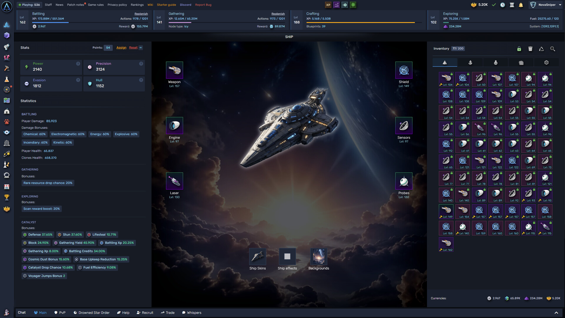 The ship screen with equipment slots, stats and catalyst bonuses