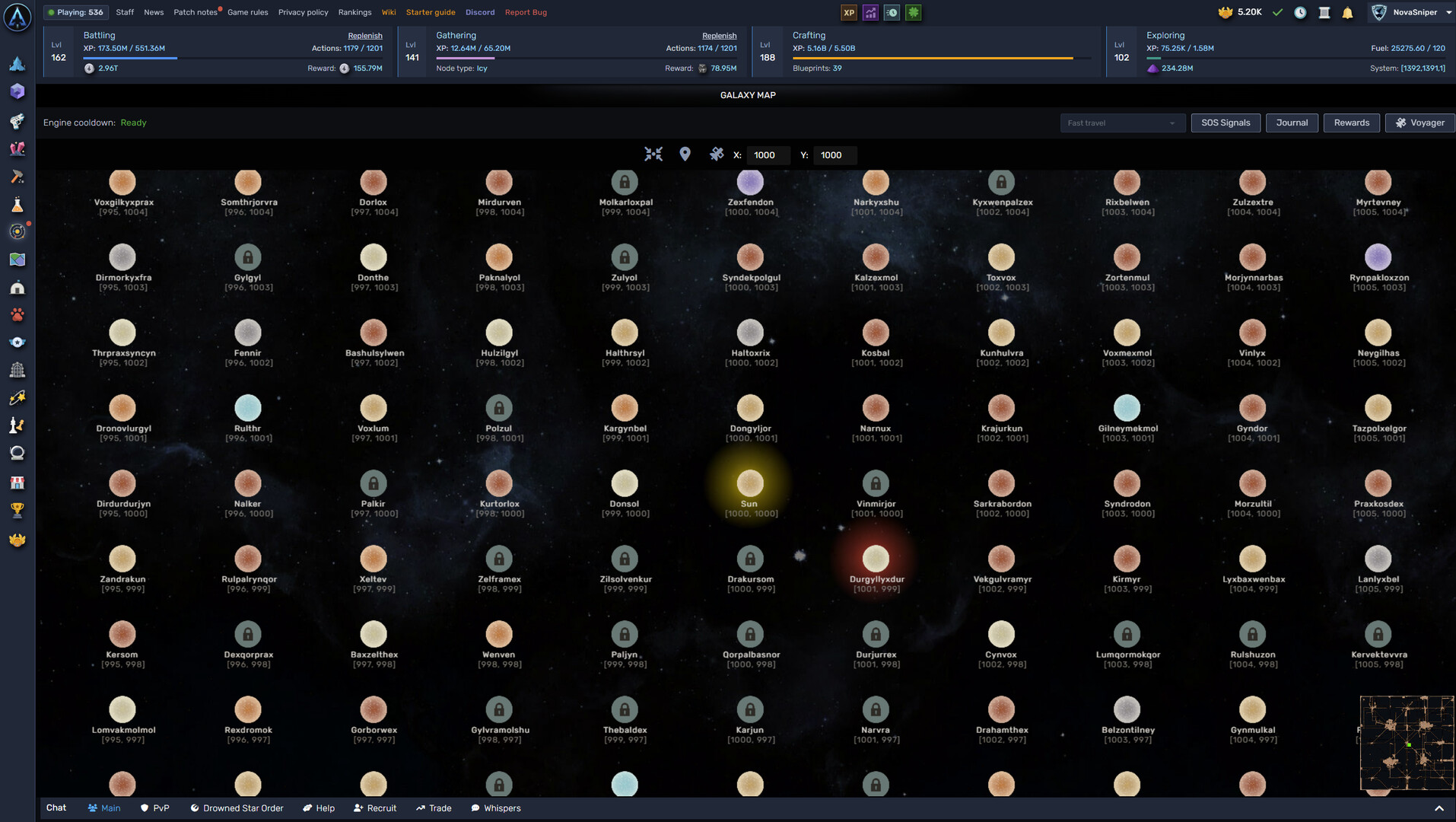 The galaxy map showing star systems with coordinates