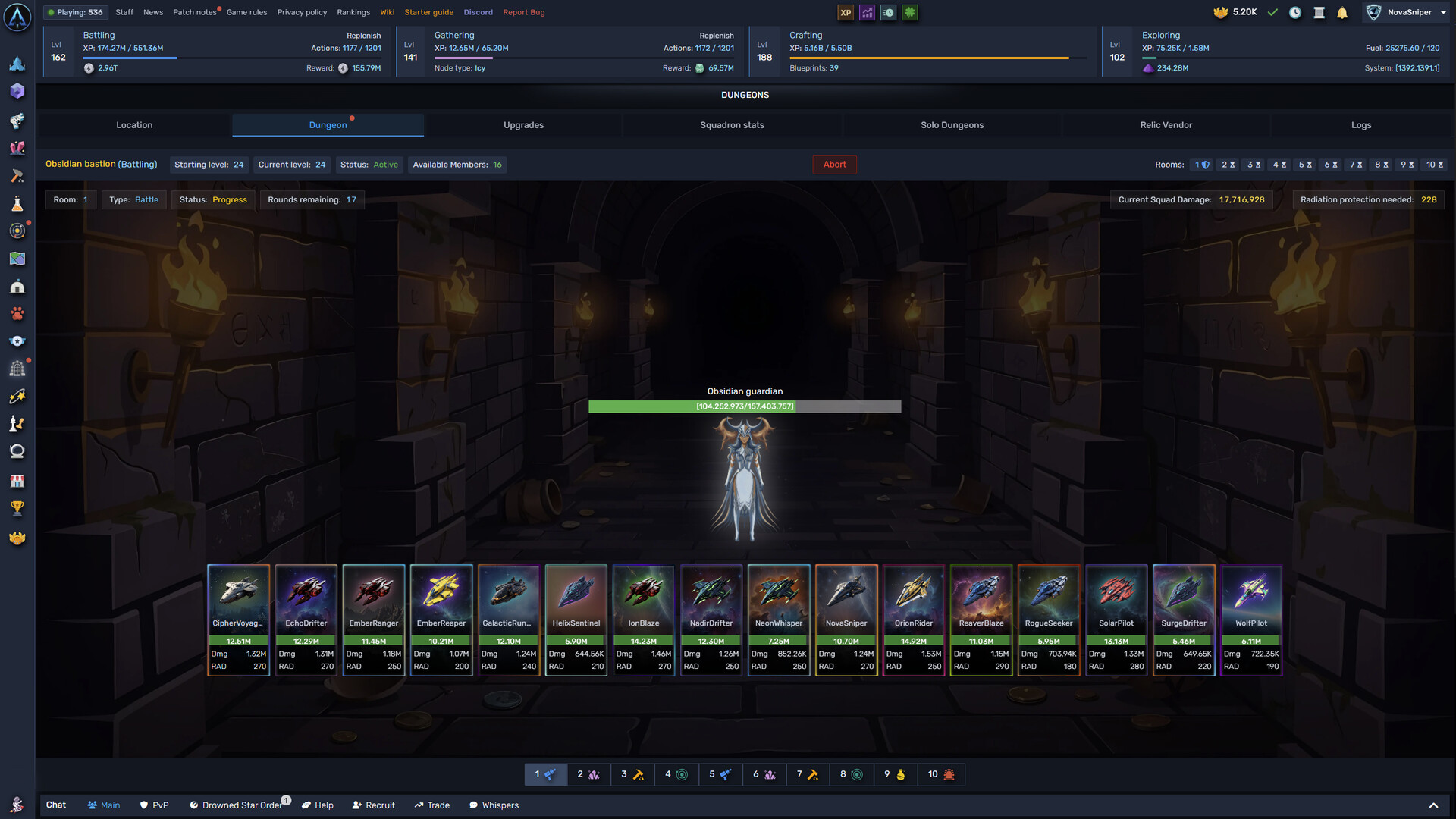 A squadron dungeon boss fight with the participating members listed below it