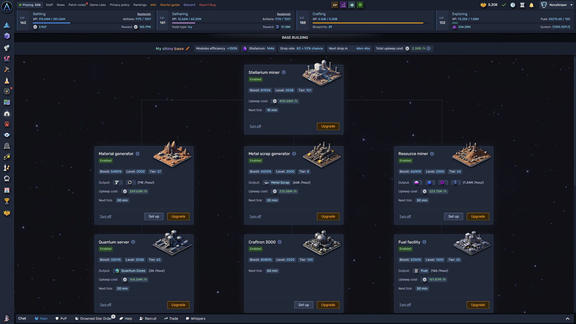 Base building modules with output, tier and upkeep
