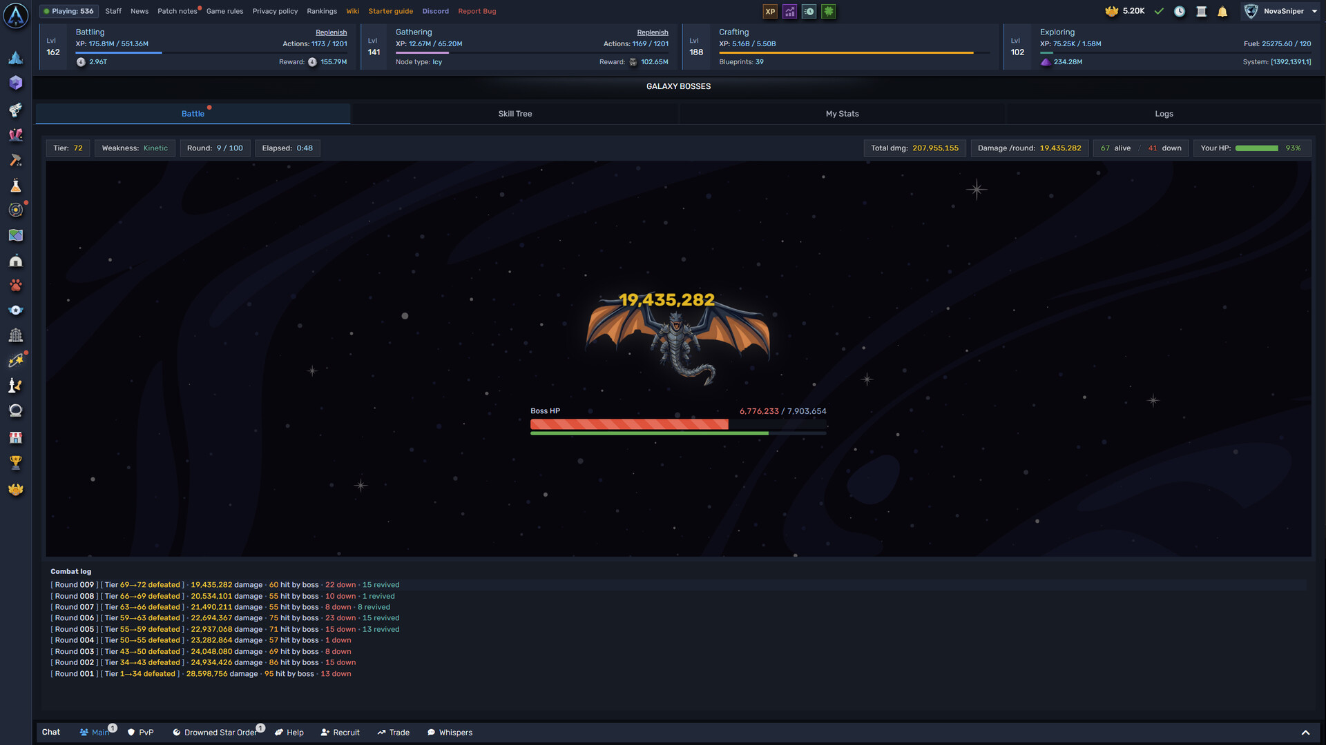 A server-wide galaxy boss fight with a per-round combat log